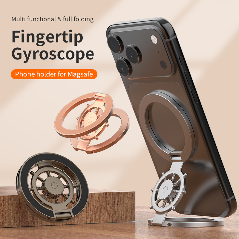 Desk Accessories - 磁石式のスマートフォンリングホルダー。指で操作できるジャイロスコープ内蔵。3段階で角度調整可能な多機能スタンド。スマートフォン用で、卓上での使用に最適。